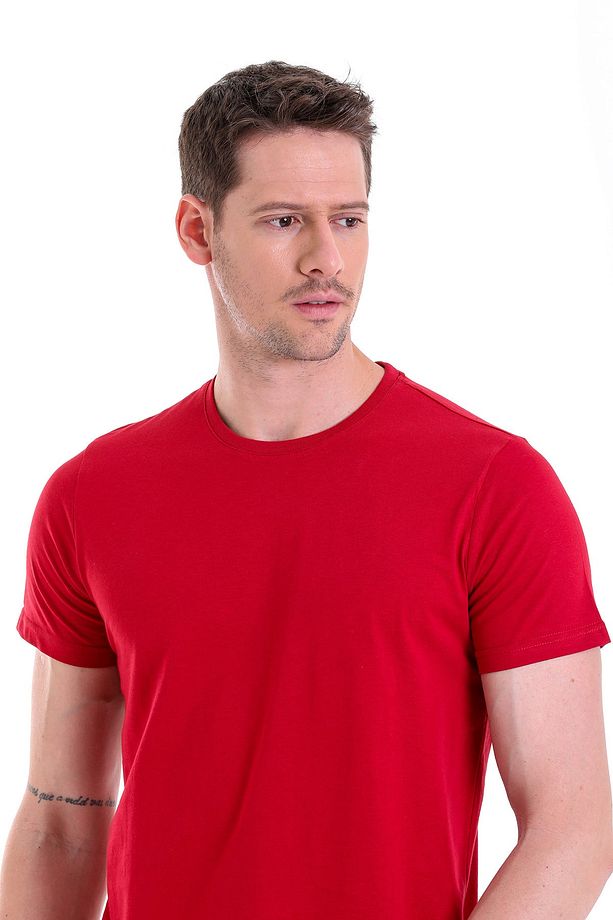 Bordo Regular Fit Düz 100% Pamuk Bisiklet Yaka Tişört - 5