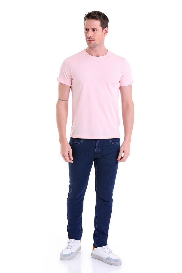 Pembe Regular Fit Düz 100% Pamuk Bisiklet Yaka Tişört - 2