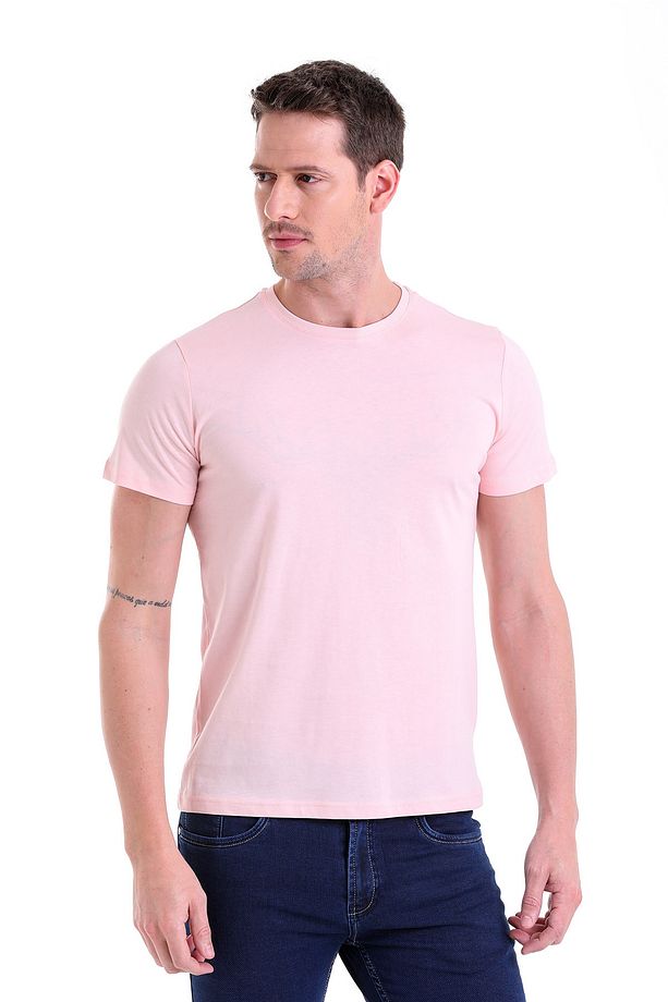 Pembe Regular Fit Düz 100% Pamuk Bisiklet Yaka Tişört - 3