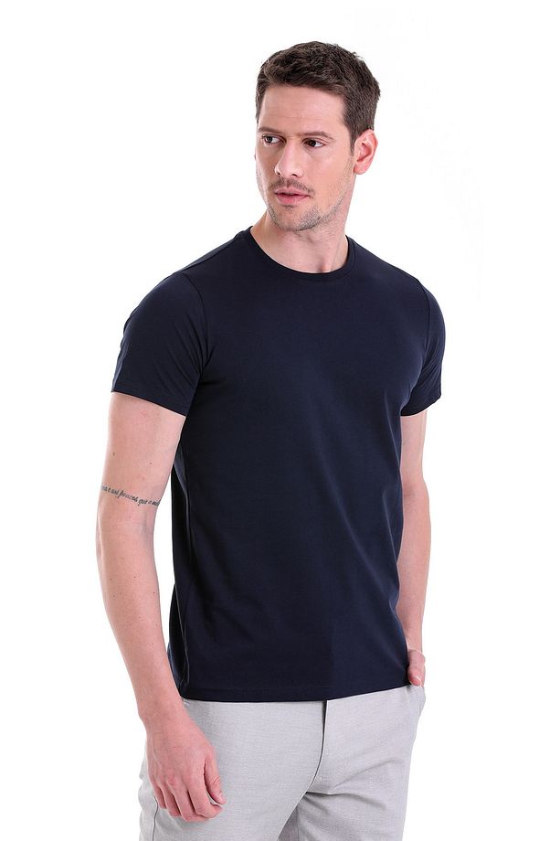 Lacivert Regular Fit Düz 100% Pamuk Bisiklet Yaka Tişört - 5