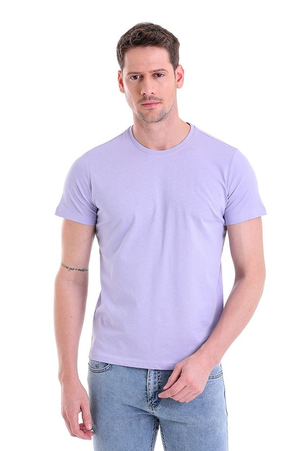 Lila Regular Fit Düz 100% Pamuk Bisiklet Yaka Tişört - 1