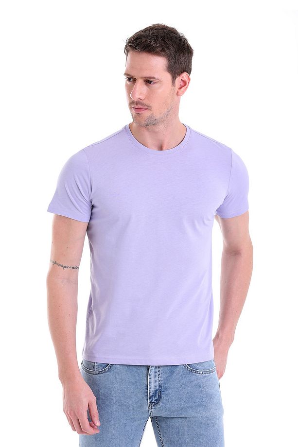 Lila Regular Fit Düz 100% Pamuk Bisiklet Yaka Tişört - 3