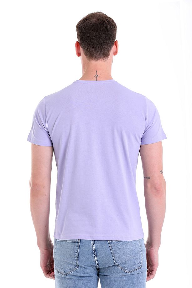 Lila Regular Fit Düz 100% Pamuk Bisiklet Yaka Tişört - 6