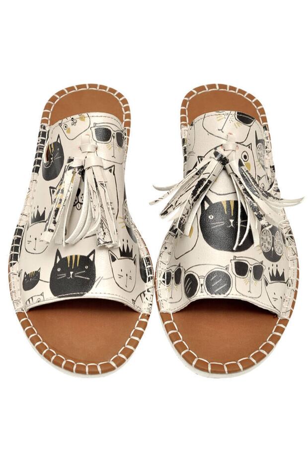 Women's Vegan Leather Beige Slippers - Monochrome Cats Design