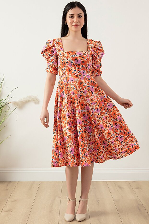 Çiçekli Kol Pileli Elbise 924-2965 - 4