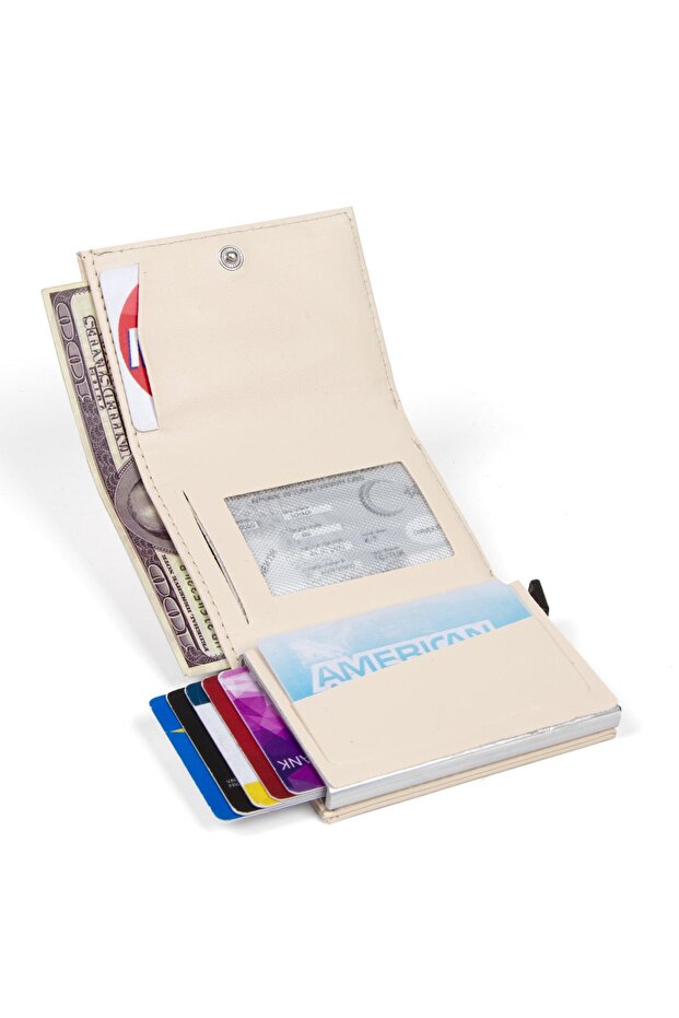 Bézs alap alumínium mechanikus automata csúszó kártyatartó pénztárca - 3