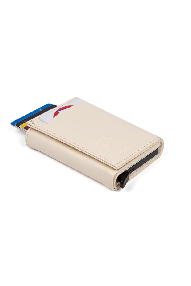 Bézs alap alumínium mechanikus automata csúszó kártyatartó pénztárca - 4