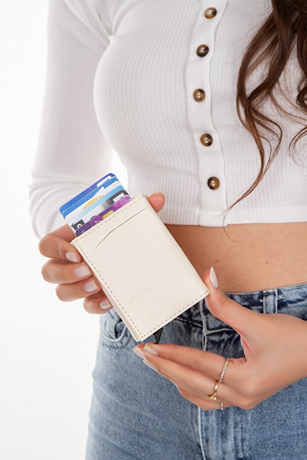 Bézs alap alumínium mechanikus automata csúszó kártyatartó pénztárca - 5