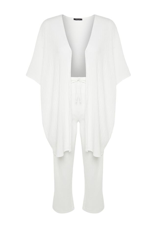 Plaj Giyim Ekru Dokuma Kimono Pantolon Takım TBESS23AU00149 - 9