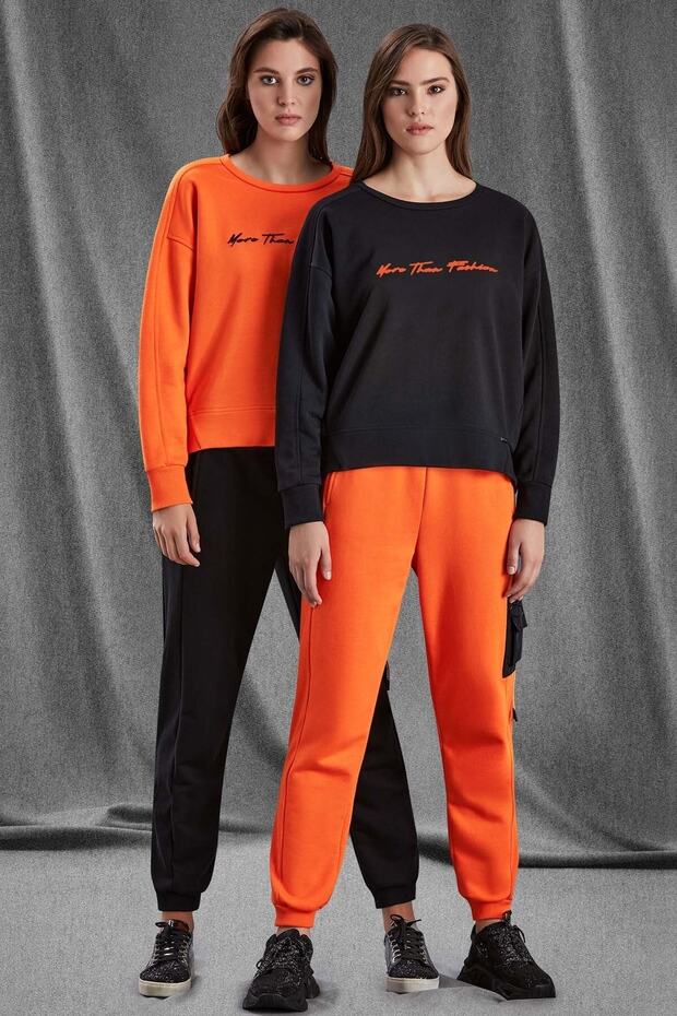 Bisiklet Yaka Turuncu Örme Sweatshirt - 2