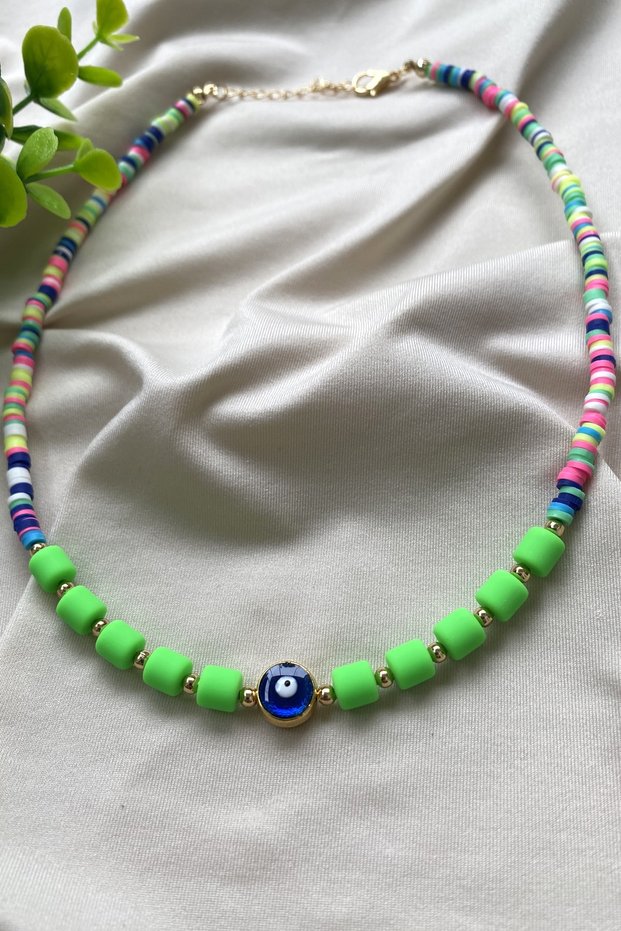 Women's Mixed Fimo and Green Lino Beaded Necklace with Evil Eye Detail