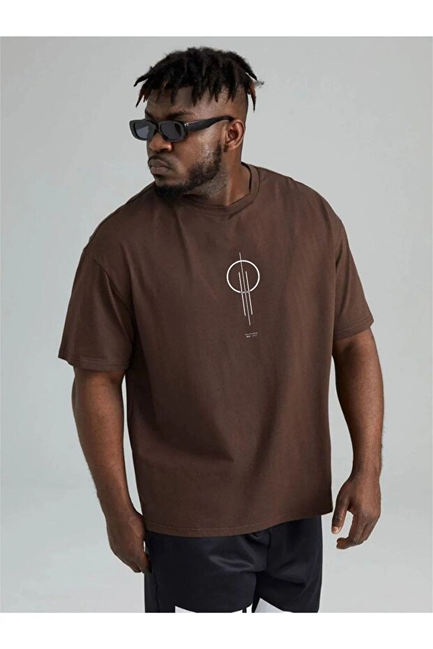 Men's Brown Circle Vertical Printed Oversize T-shirt