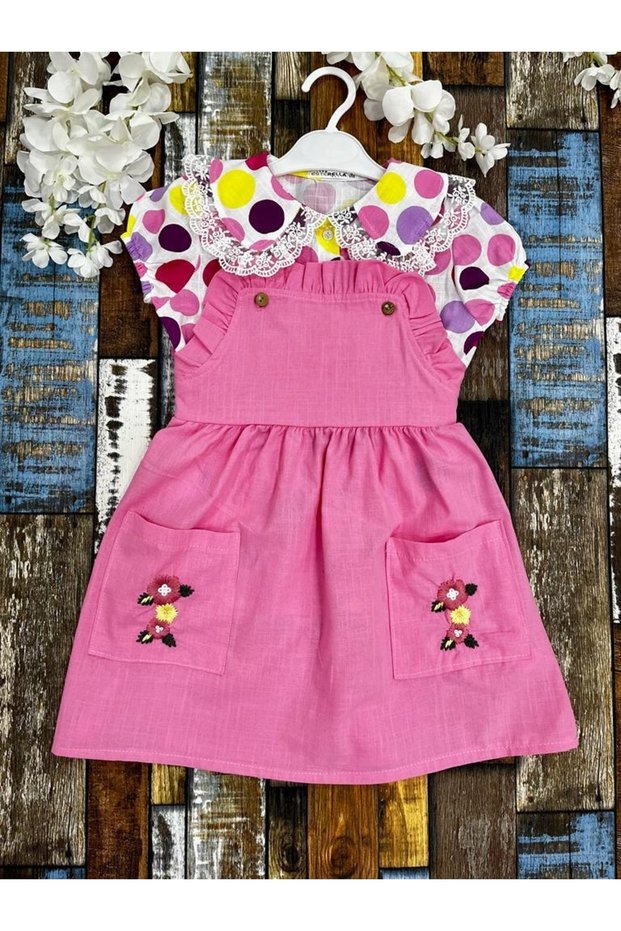 Girl's Dress/ Polka Dot Short Sleeve Shirt/ 100% Cotton/ Slopet Dress