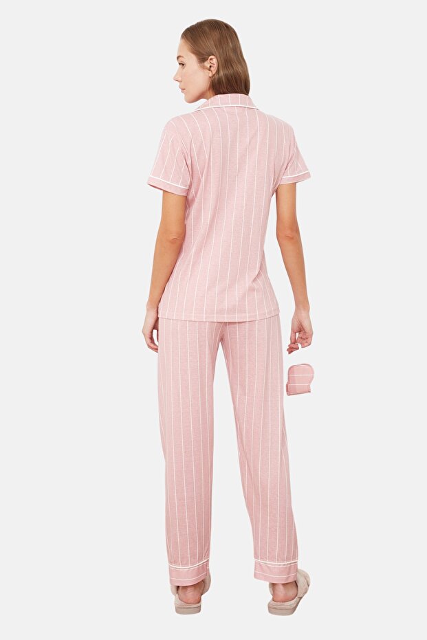Pembe Çizgili Biye Detaylı Uyku Bantlı Örme Pijama Takımı THMSS21PT1225 - 7