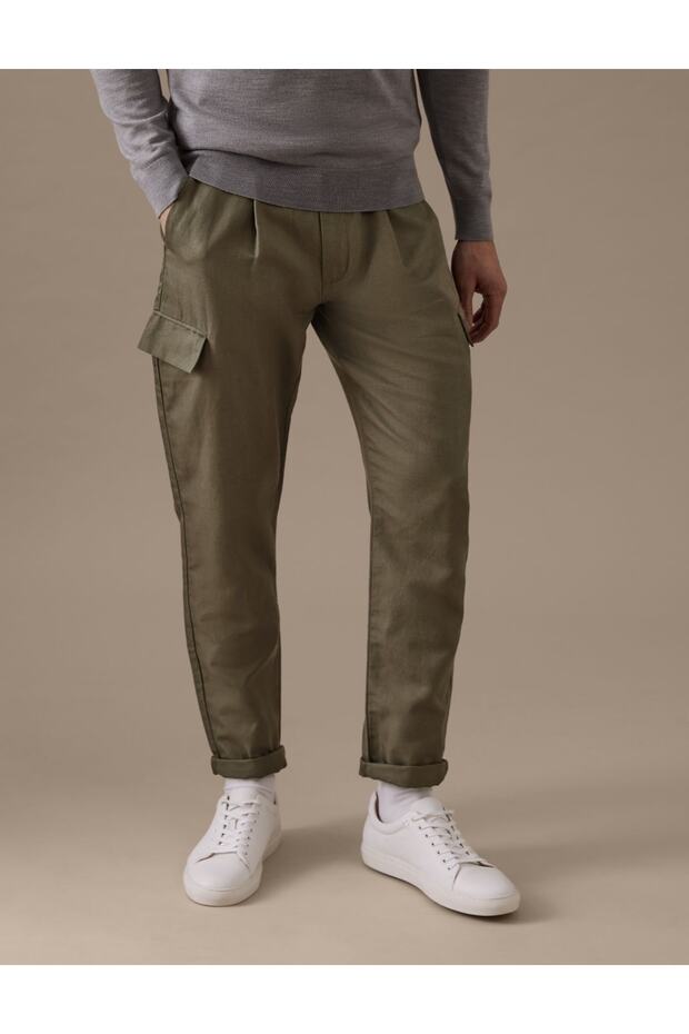 Regular Fit Keten Kargo Pantolon - 2