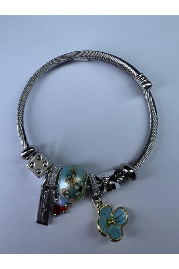 Model Silver Steel Bracelet with Blue Clover Figure