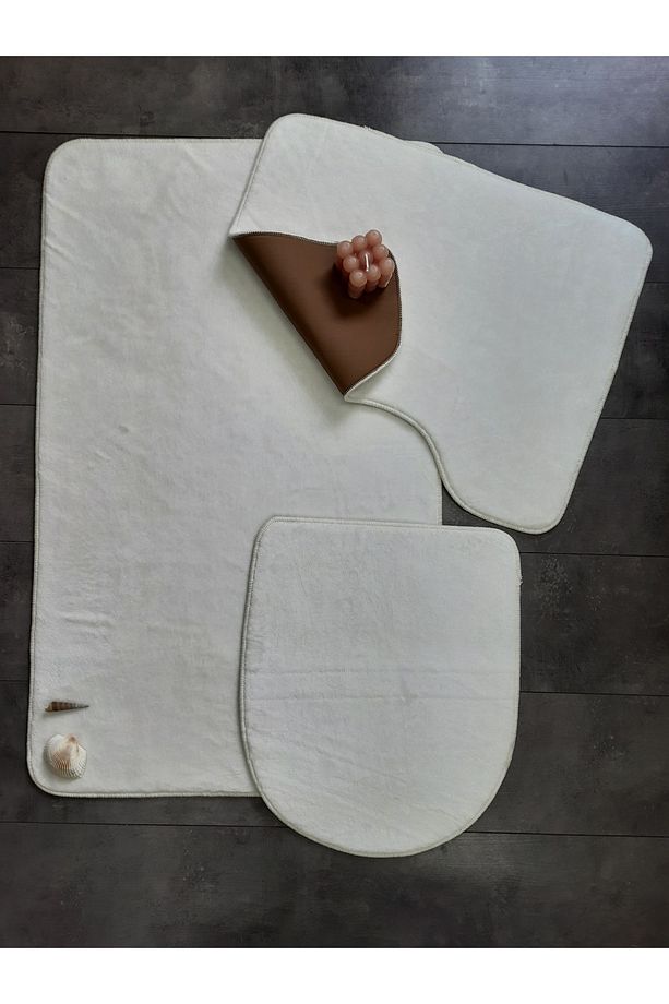 Ultrasoft Düz Krem 3’lü Banyo Halısı Paspası Seti Kaymaz Tabanlı Makinede Yıkanabilir Klozet Takımı - 2