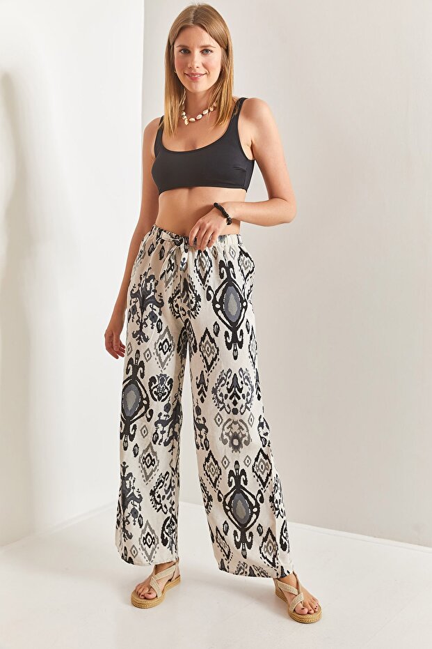 Women's Black and White Multi Patterned Linen Trousers with Elastic Waist 40851025