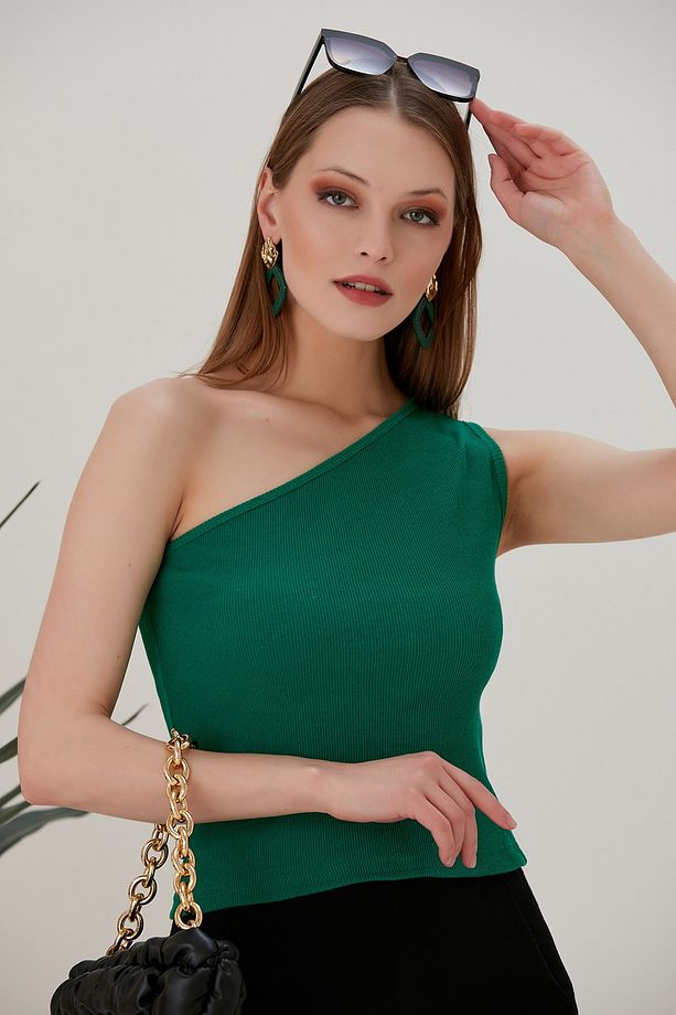 Yeşil Crop Tek Omuz Detaylı Kaşkorse Bluz - 1
