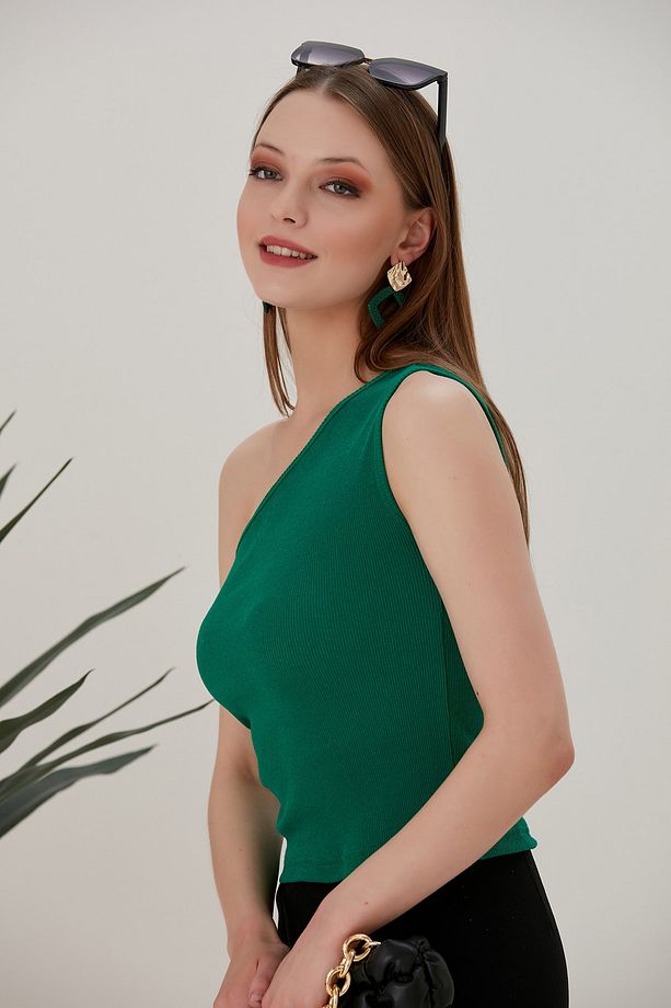 Yeşil Crop Tek Omuz Detaylı Kaşkorse Bluz - 5