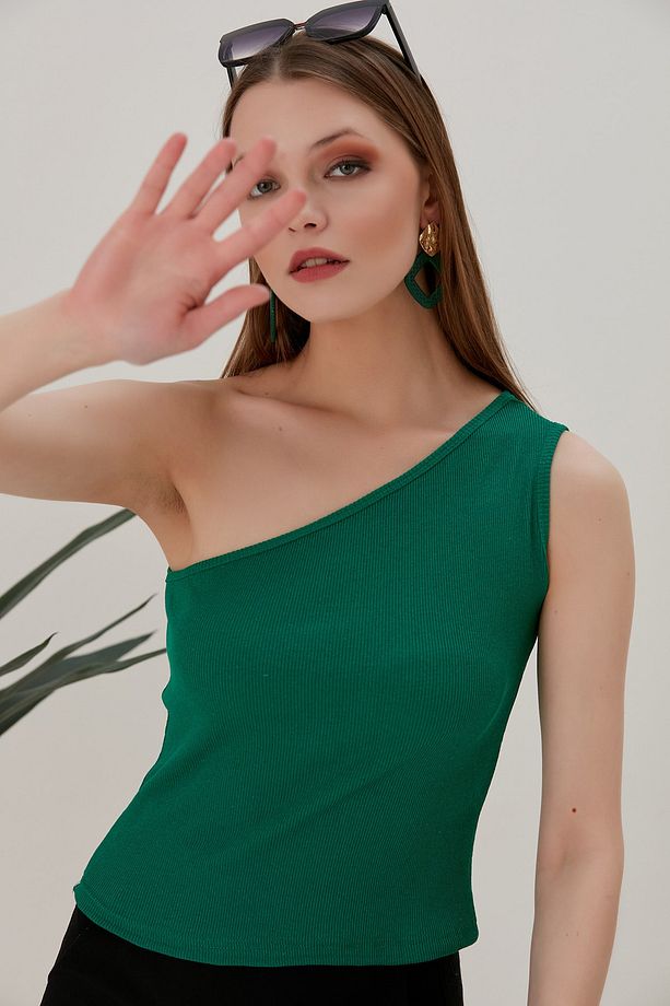 Yeşil Crop Tek Omuz Detaylı Kaşkorse Bluz - 6