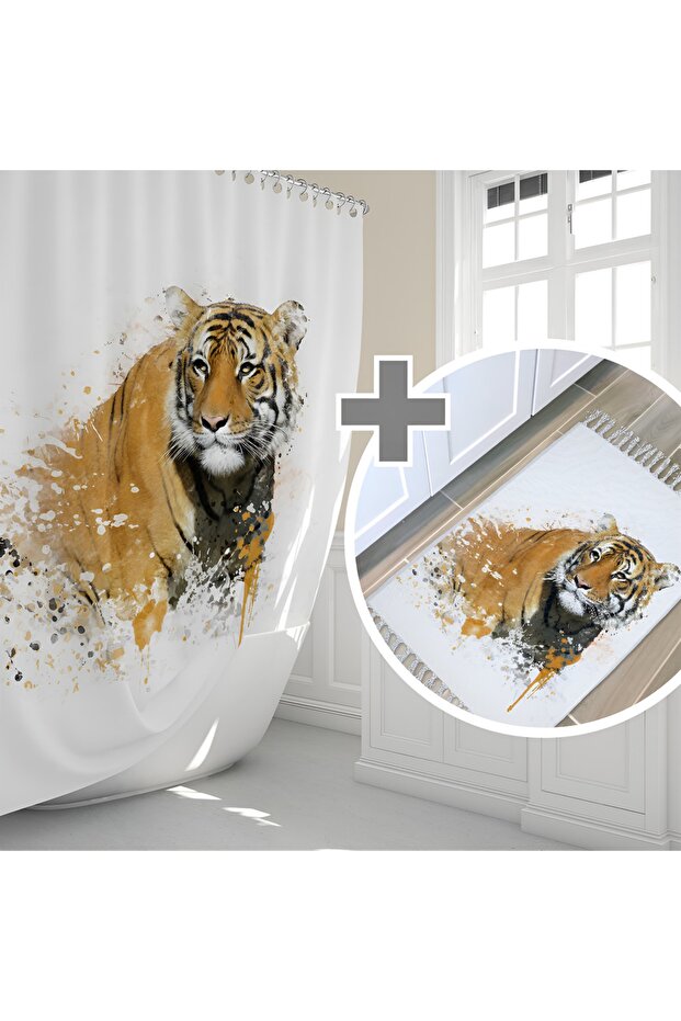 Tiger Bath Mat And Single Wing Shower Curtain 1x180x200 Set