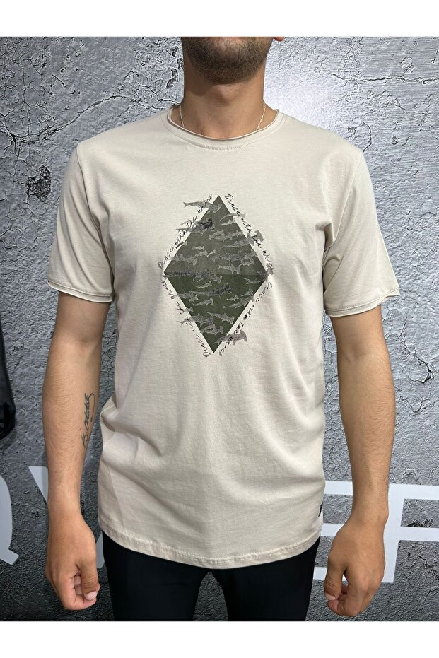 Men's Printed T-shirt Basic O Dirty Collar Wy25735 - Stone