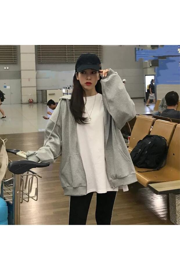 Gray Melange Oversize Zippered (UNİSEX) Hooded Sweatshirt