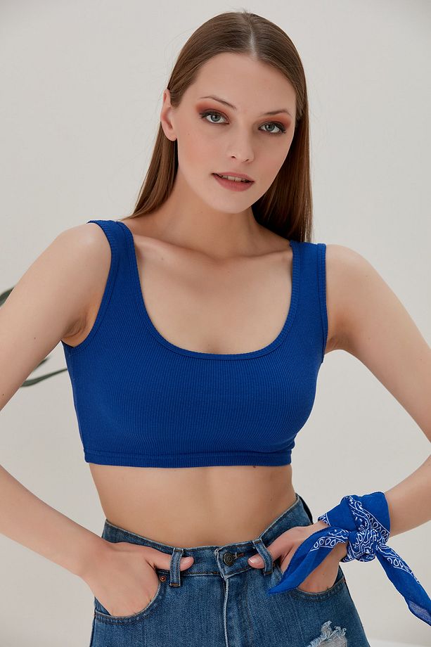 Saks Mavisi Fitted/vücuda Oturan Havuz Yaka Fitilli Esnek Örme Atlet - 5