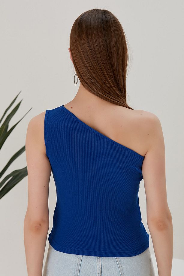 Saks Mavisi Crop Tek Omuz Detaylı Kaşkorse Bluz - 8
