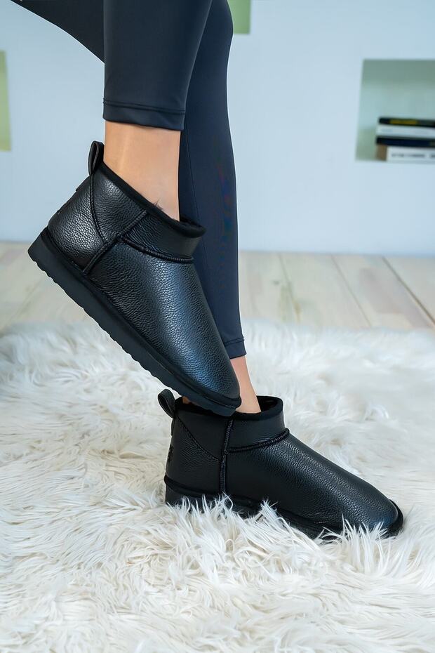 Women's Black Skin Ultra Mini Boots with Fur Inside Model Faux Leather Boots