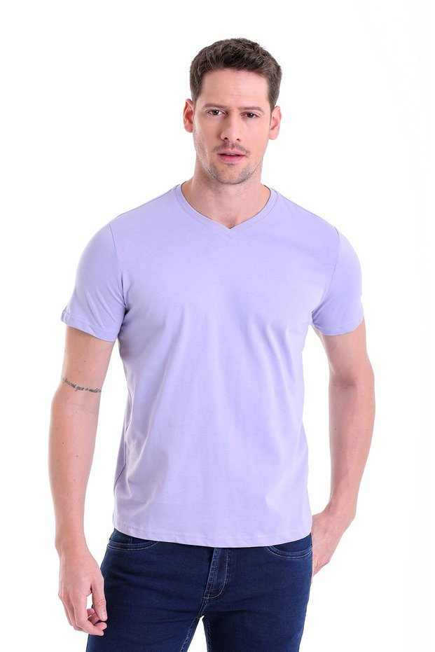 Lilac Plain Regular Fit 100% Cotton V-Neck T-Shirt