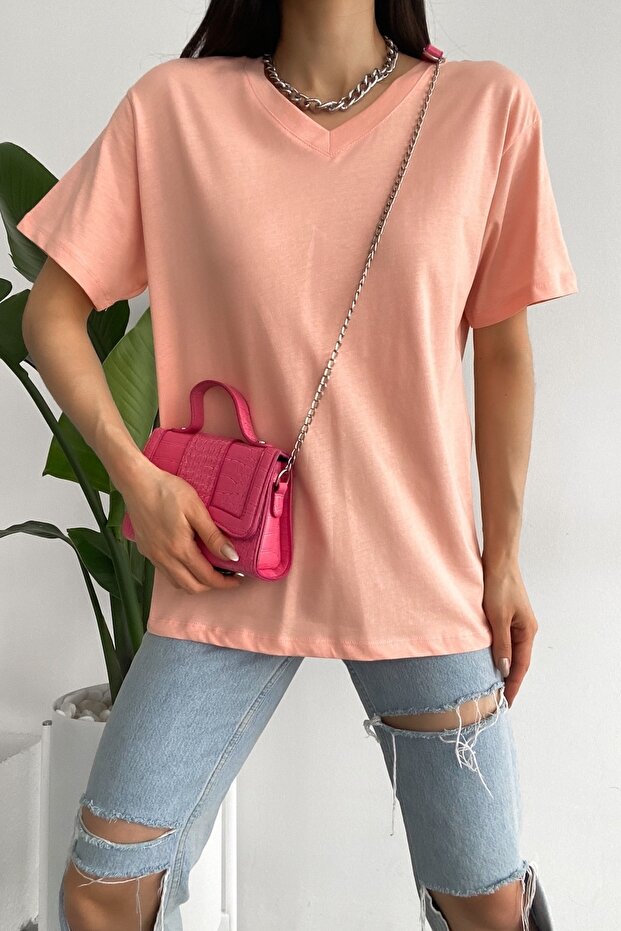 Women's Powder V-Neck 100% Cotton Basic T-Shirt
