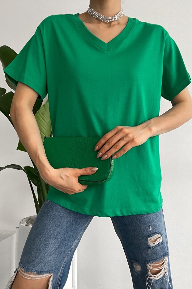Women's Green V-Neck 100% Cotton Basic T-Shirt