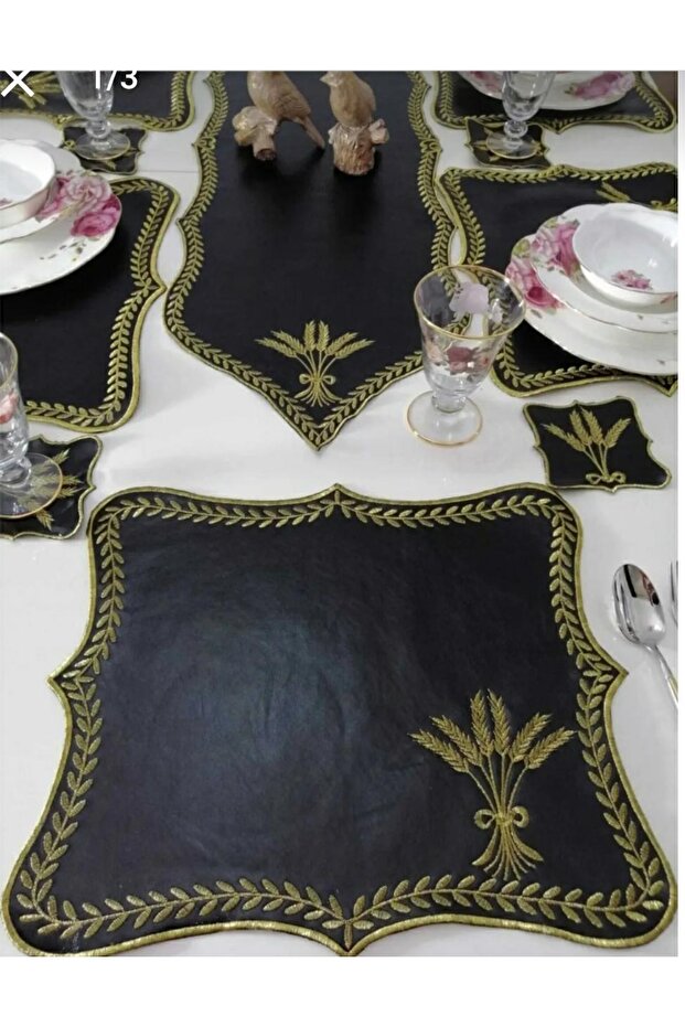 American Service and Runner Set for 6 Persons (spike Bouquet) (13 pieces) black-gold