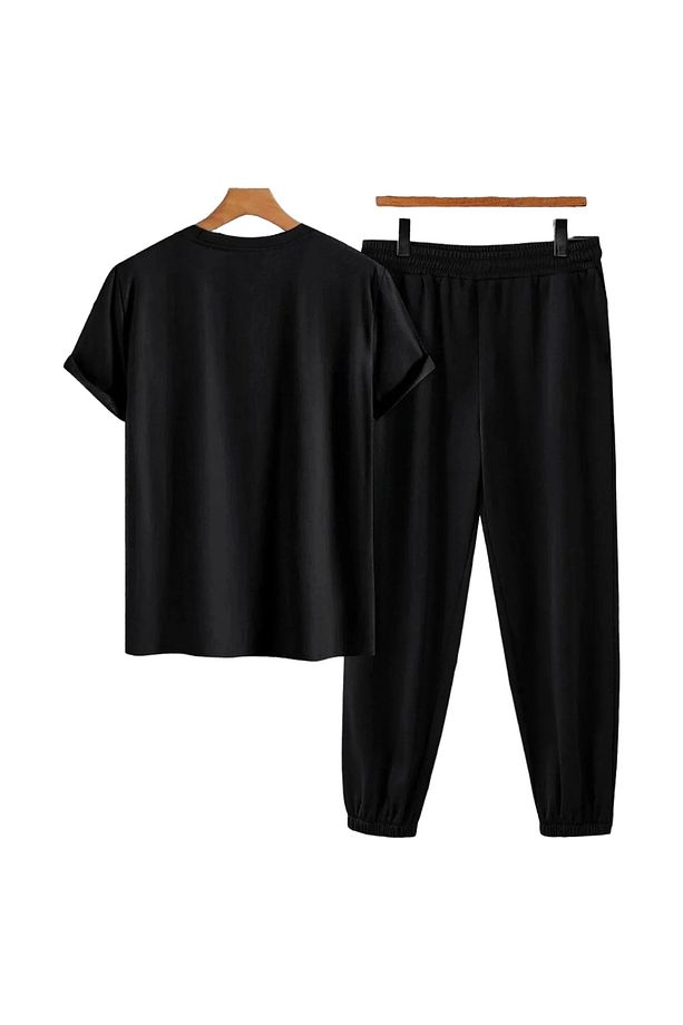 Unisex Baskılı Bisiklet Yaka Siyah Tişört Ve Siyah Eşofman Altı Alt Üst Takım 2'li Set - 2