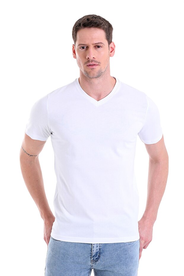 White Plain Regular Fit 100% Cotton V-Neck T-Shirt
