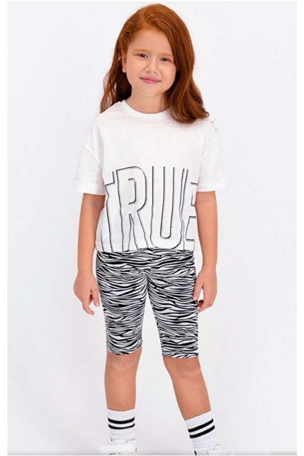 Kız Çocuk Krem Zebra Desenli Tayt Bermuda Takım - 1