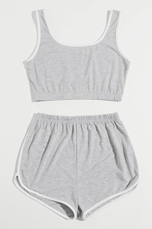 Kadın Gri Askılı Crop Top Ve Şortlu Gecelik Takım - 3