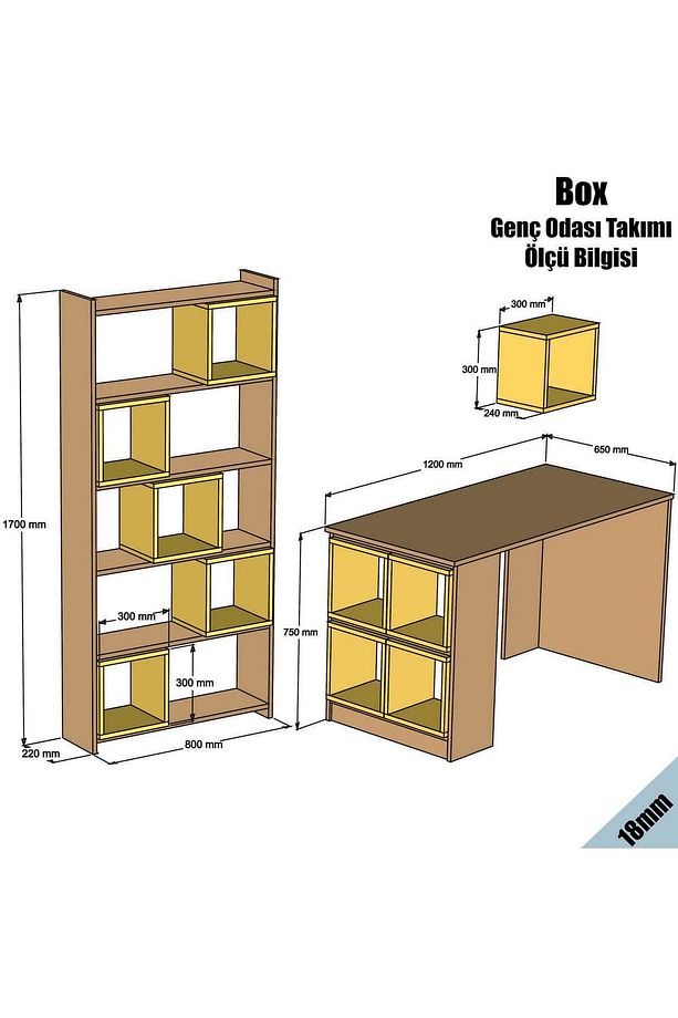 Box Çalışma Masası Ve Kitaplık Takımı - Ceviz / Mavi - 4