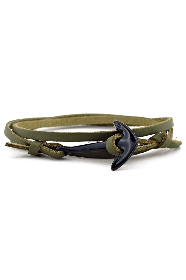 Men's Black Metal Anchor Original Khaki Green Leather Bracelet BT450