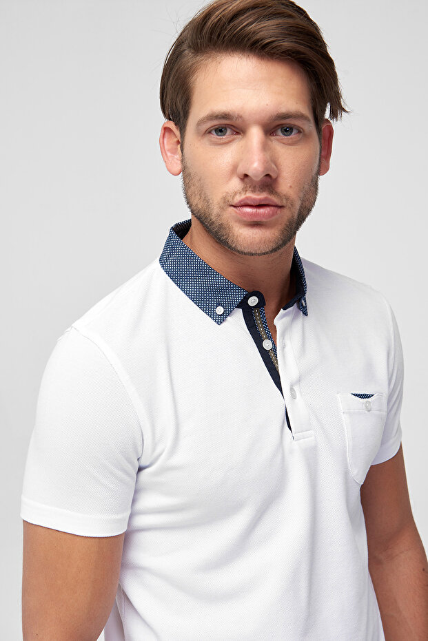 Golf Port Beyaz Erkek Pamuk T-Shirt  - Cepli Kısa Kollu Dokuma Polo Yaka - 3