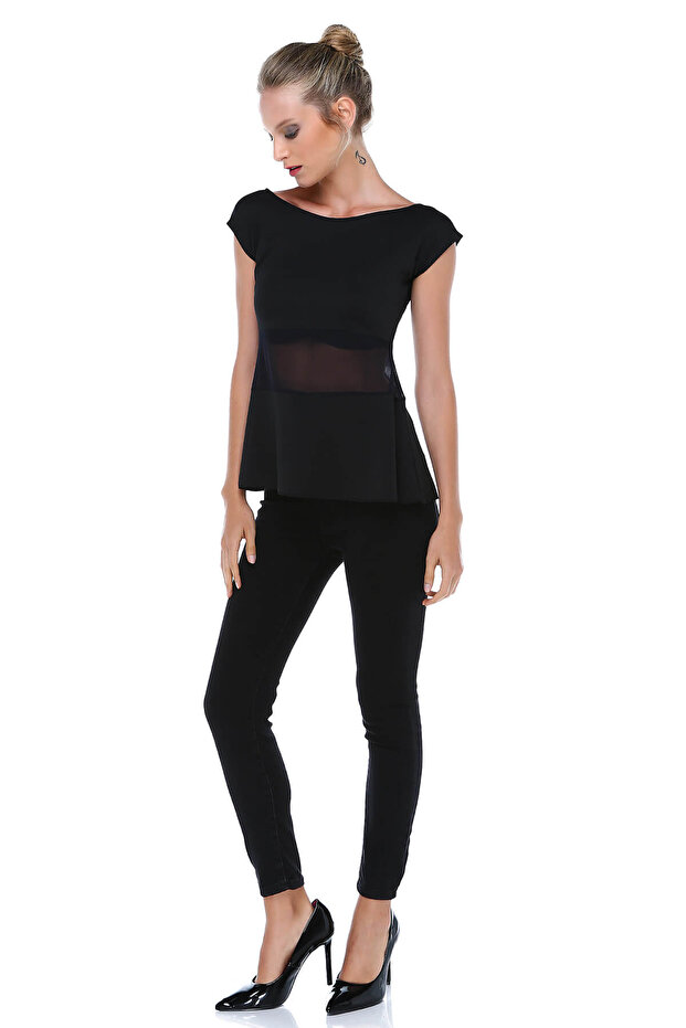 Women's Black Tulle Detailed Scuba Blouse BD2392