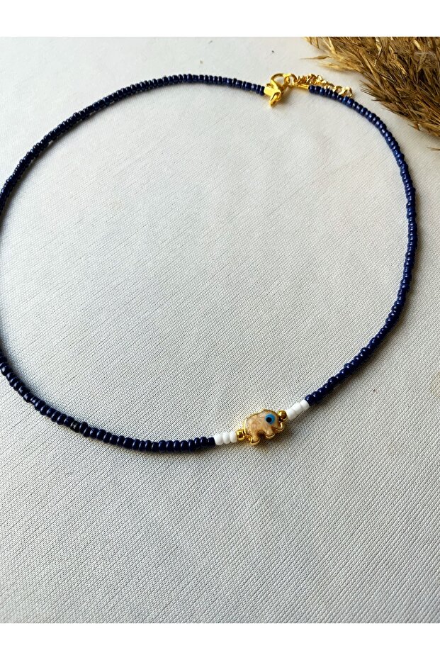 Lucky Elephant Minimal Navy Blue Bead Necklace with Enamel Detail