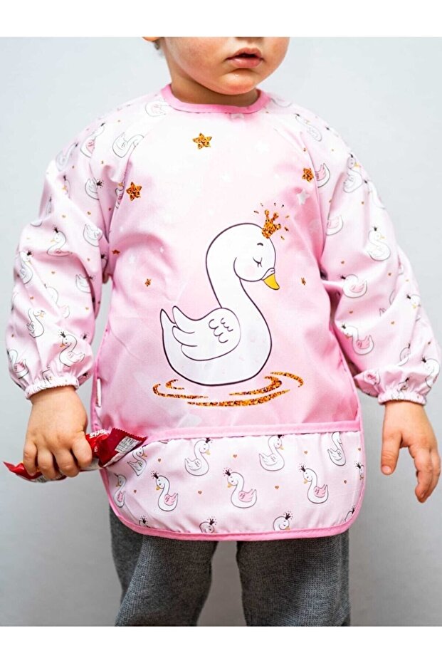 Pink Swan Patterned Baby Bib with Pockets and Sleeves