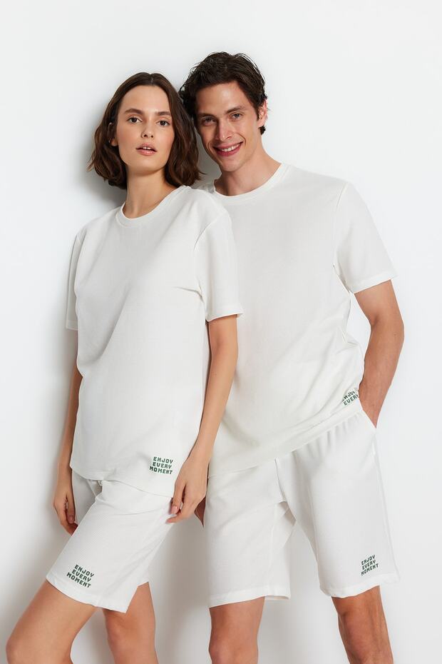 Unisex Ekru Regular Fit Örme Şortlu Pijama Takımı TMNSS23PT00032 - 1