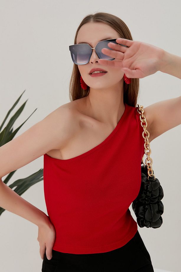 Kırmızı Crop Tek Omuz Detaylı Kaşkorse Bluz - 6