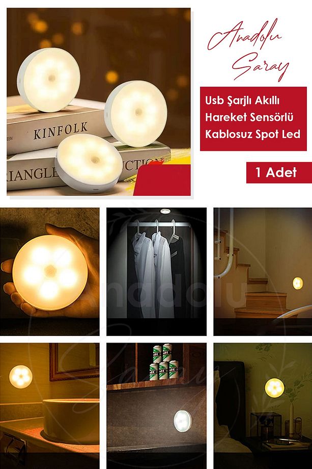 Hareket Sensörlü Usb Şarjlı Led Işık | Dolap Içi Ev Aydınlatma Gece Lambası Led Işık - 1 Adet - 1