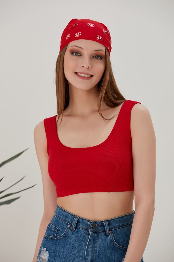 Kırmızı Fitted/vücuda Oturan Havuz Yaka Fitilli Esnek Örme Atlet - 1