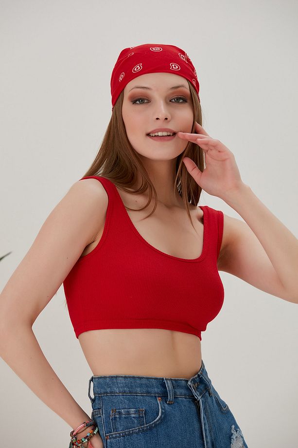 Kırmızı Fitted/vücuda Oturan Havuz Yaka Fitilli Esnek Örme Atlet - 2